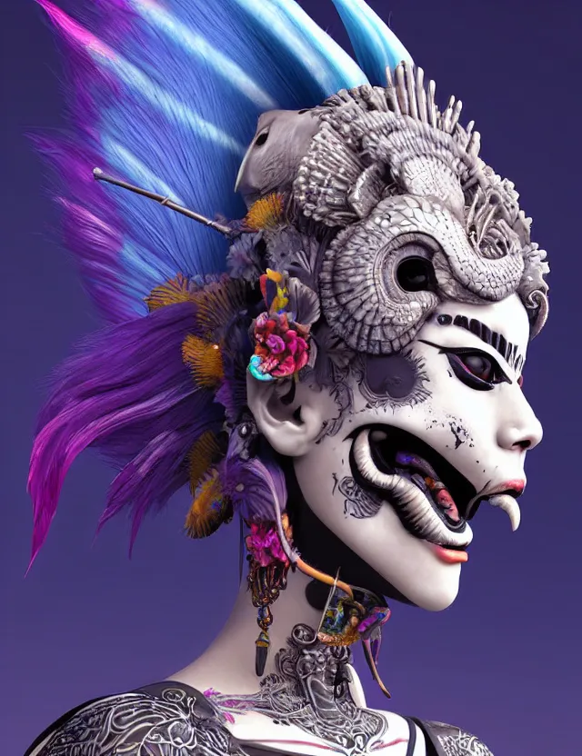 Image similar to 3 d photo realistic goddess close - up profile portrait punk with mohawk with ram skull. beautiful intricately detailed japanese crow kitsune mask and clasical japanese kimono. betta fish, jellyfish phoenix, bio luminescent, plasma, ice, water, wind, creature, artwork by tooth wu and wlop and beeple and greg rutkowski