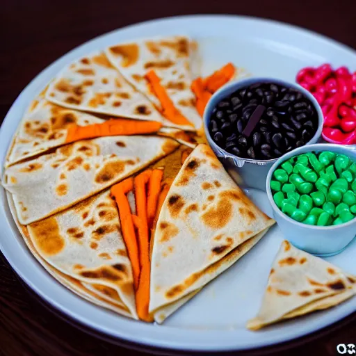 Image similar to first photos of taco bell quesadilla covered in skittles ( eos 5 ds r, iso 1 0 0, f / 8, 1 / 1 2 5, 8 4 mm, postprocessed, 4 k )