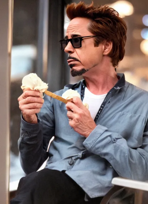 Image similar to a full portrait photo of robert downey jr eating ice cream in movie iron man, f / 2 2, 3 5 mm, 2 7 0 0 k, lighting, perfect faces, award winning photography.