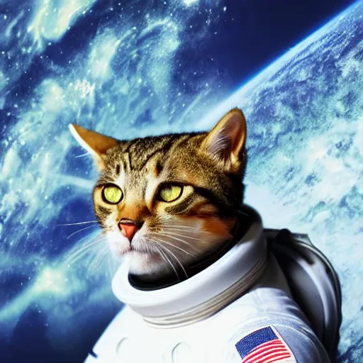 Image similar to detailled photo of a portrait of cat in a space suit