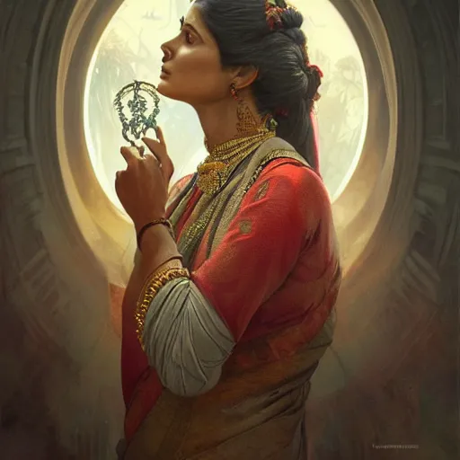 Image similar to south indian woman, sari, ultra realistic, concept art, intricate details, eerie, horror, highly detailed, photorealistic, octane render, 8 k, unreal engine. art by artgerm and greg rutkowski and alphonse mucha