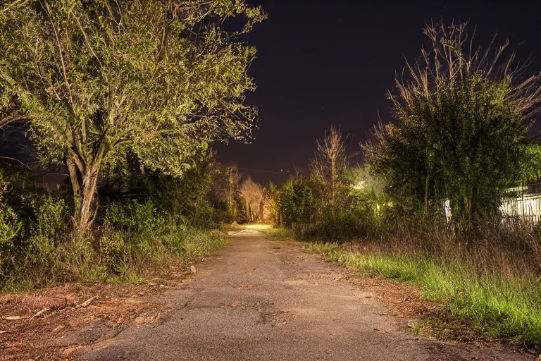 Image similar to abandoned liminal neighborhood, 4k, mid night, no light