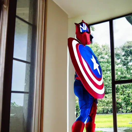 Image similar to photo of a horse wearing a captain america costume looking into a lounge window in a house