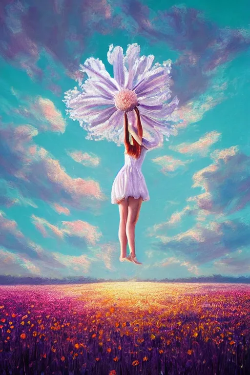 Image similar to giant white daisy flower as head, girl dancing in a flower field, surreal photography, sunrise, dramatic light, impressionist painting, colorful clouds, digital painting, artstation, simon stalenhag