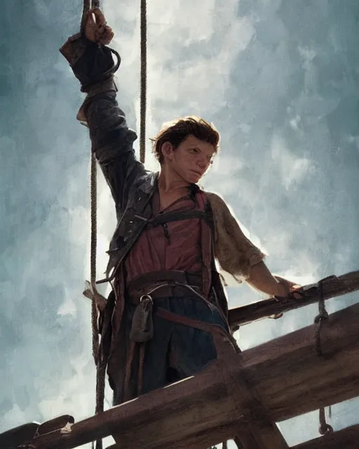 Image similar to tom holland as a pirate, standing on the mast, fine face, fine detailed face, long hair, realistic shaded lighting poster by greg rutkowski, cinematic lighting, sharp focus, highly detailed attributes and atmosphere