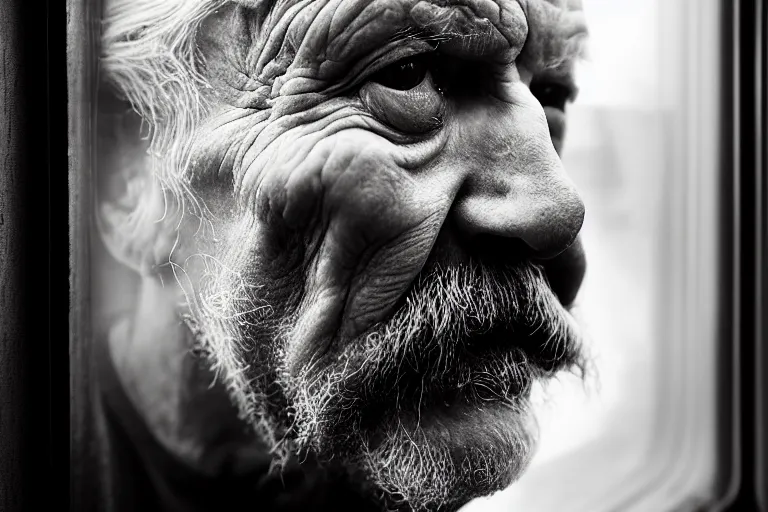 Image similar to a cinematic, close up portrait, of an old man, looking in the window, fantasy, dramatic, soft light, dreamy, facial features, detailed, deep focus, movie still, dramatic lighting, ray tracing, by hendrik kerstens and paolo roversi