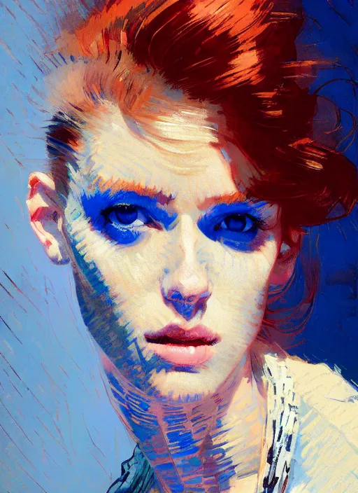 Image similar to portrait of a beautiful girl, redhead, shades of blue, beautiful face, rule of thirds, intricate outfit, spotlight, by greg rutkowski, by jeremy mann, by francoise nielly, by van gogh, digital painting