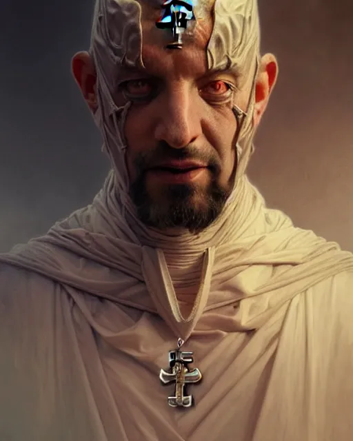 Image similar to realistic portrait of a nasty bishop, inverted cross, evil, heroic pose, beautiful face, bible, full body, dramatic lighting, intricate, wild, highly detailed, digital painting, artstation, concept art, smooth, sharp focus, illustration, art by artgerm and greg rutkowski and alphonse mucha, footage from space camera