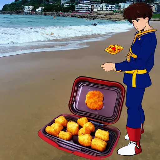 Image similar to gundam eating chicken nuggets at the beach