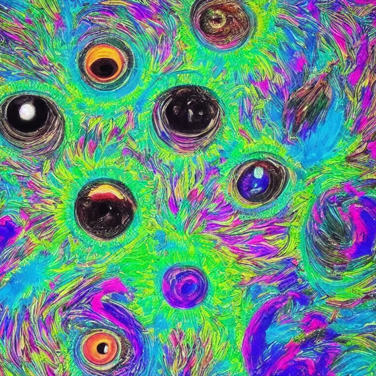 Image similar to human smiling meditating supreme peace immense knowledge infinite color dmt art cyan green black pair of eyes iris staring at viewer intense cosmic stare