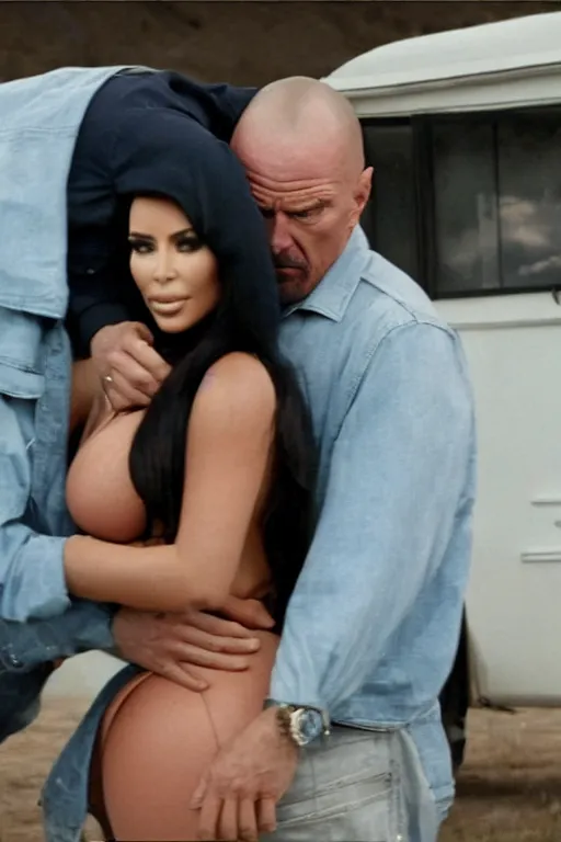 Prompt: film still of kim kardashian put in a headlock by walter white, inside an old rv on the tv show breaking bad, full-shot, 4k