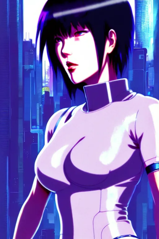 Image similar to a still fullbody portrait of motoko kusanagi ghost in the shell, finely detailed features, closeup at the faces, perfect art, at a cyberpunk city, gapmoe yandere grimdark, trending on pixiv fanbox, by ilya kuvshinov, rossdraws, artgerm