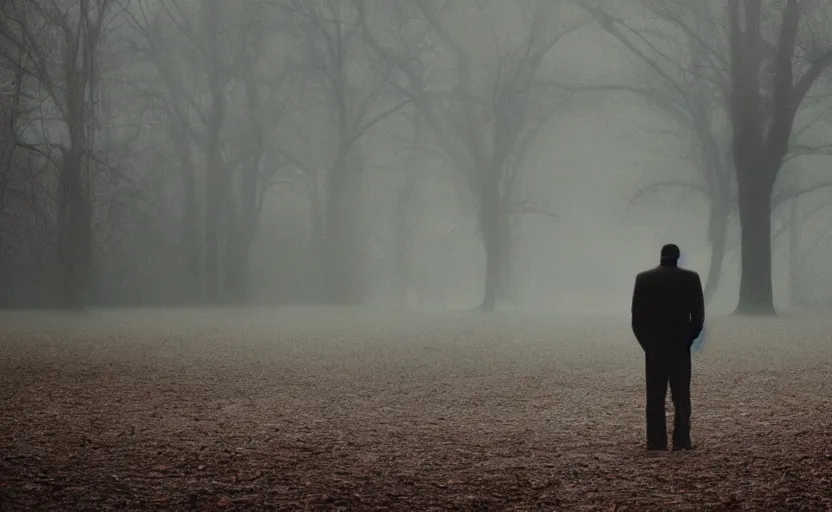 Image similar to cinematic shot of a lonely man with broken heart at park, moody scene from being john malcovich directed by charlie kaufman ( 2 0 0 1 ), foggy volumetric light morning, anamorphic lenses, kodak color film stock