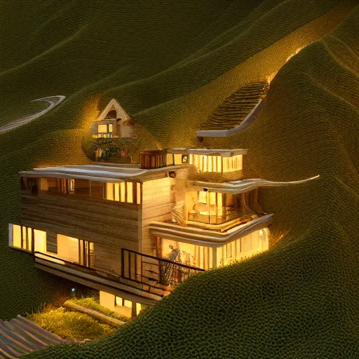 Image similar to ! dream small hillside house made of honey, modern lighting, hyper - realistic, hyper - detailed, 8 k, octane rendered, art nouveau, organic, flowing, impossible torsion, writhing, lush, dynamic