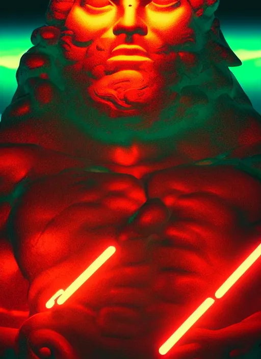 Image similar to statue of hercules looking angry, beeple, vaporwave, retrowave, black background, neon, black, glitch, strong contrast, neon wiring, cuts, pinterest, trending on artstation