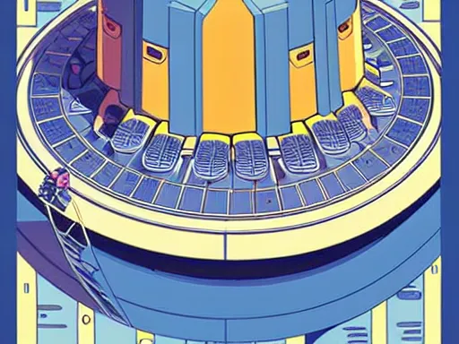 Image similar to a scifi illustration, hyper detailed external view of a lunar colony. cinematic wes anderson composition. flat colors, limited palette in FANTASTIC PLANET La planète sauvage animation by René Laloux