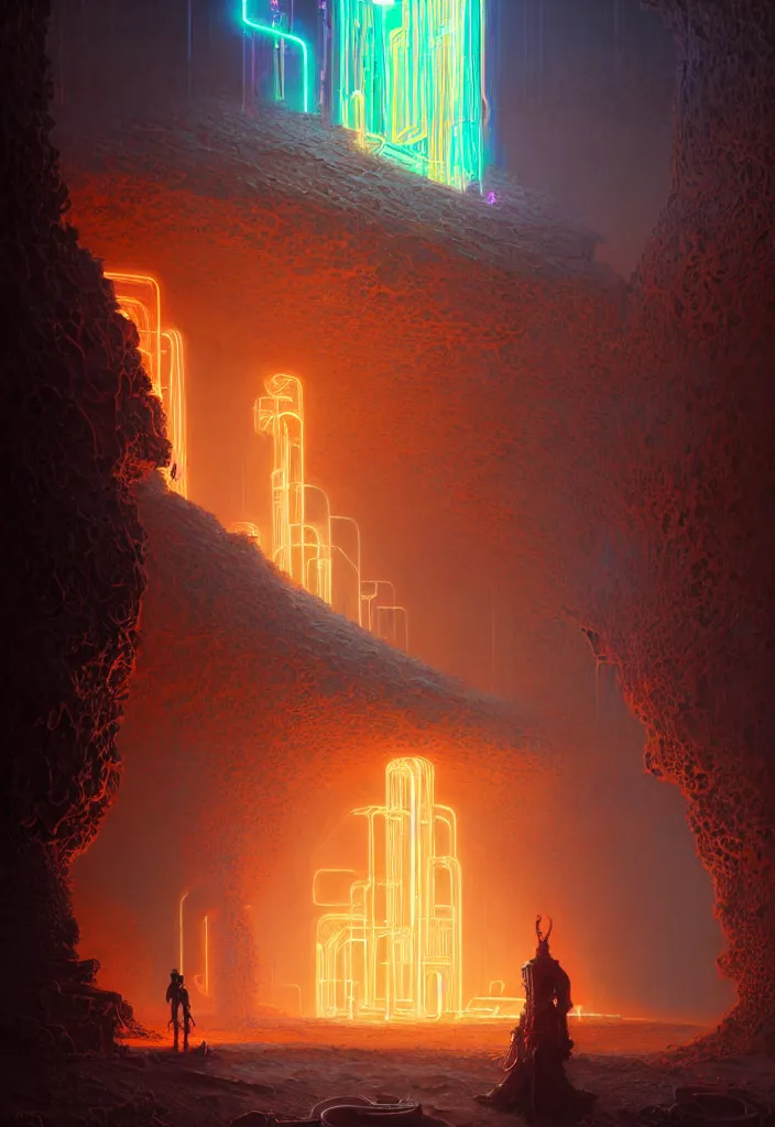 Image similar to Portrait of a young techno-mage casts glowing neon magic inside a ancient steel ruins. Barchans and dunes of sand. Art by Finnian MacManus, Simon Stalenhag, Arthur Rackham. Masterpiece, fantasy art, steampunk, hyperdetailed, photorealistic, hyperrealism