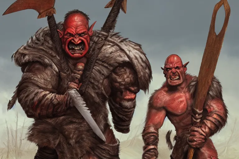 Prompt: a red - skinned orc holding a large battleaxe