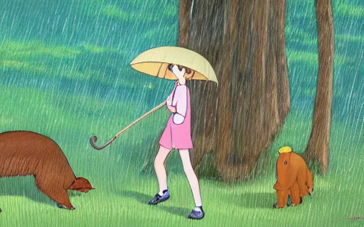 Prompt: a young girl holding an umbrella with her giant pet capybara walking through the forest, raining, side view, shot from the side, art by hayao miyazaki, studio ghibli film, 4k, hi res, high detail