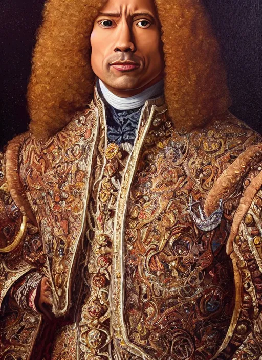 Image similar to beautiful oil painting, portrait of Dwayne the rock Johnson as Louis xiv in coronation robes 1701, Dan Mumford, Dan Mumford, Alex grey, Alex grey, hyacinthe rigaurd, highly detailed, ornate