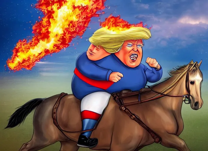 Prompt: obese donald trump riding a horse in the sky, lightning in background, shooting fireballs