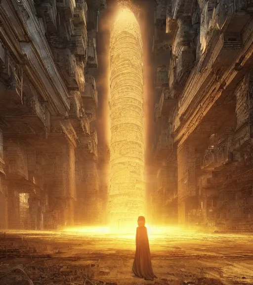 Prompt: ethereal picture of tarkovsky greatest scene, aura of the ancient destroyed majestic tower of babylon, a woman in futuristic cyber clothing, transparent puffer jacket, hyperealistic, blockchain, cyber world, ambient lighting, concept art, intricate, hyper detailed, smooth, dynamic volumetric lighting, ocatane, ray trace, cinematic, high quality, cgsociety