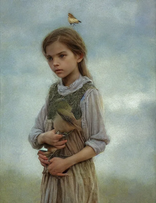 Image similar to portrait of little peasant girl setting free a bird, cottage core, cinematic focus, polaroid photo bleached vintage pastel colors high - key lighting, soft lights, foggy, by steve hanks, by lisa yuskavage, by serov valentin, by tarkovsky, 8 detailed, oil on canvas