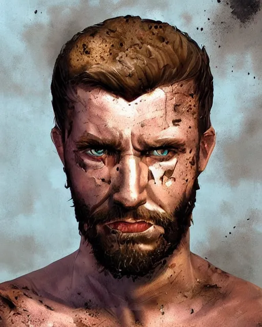Image similar to portrait of muscular, tired and alcoholic 3 0 - year - old handsome man with short darkblonde hair, serious sad look in his eyes, dirty beard, blue eyes, crying tears, wearing dirty soldier uniform, on the desert, hyper realistic face, beautiful eyes, character art, art by mark brooks, hyperdetailed, cryengine, trending on artstation, digital art