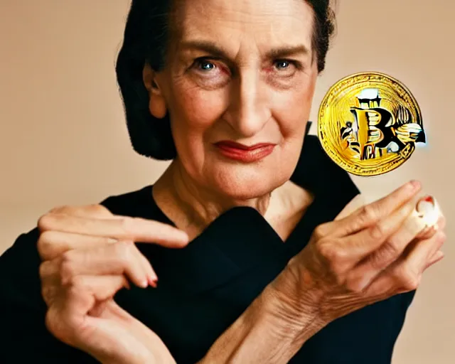 Image similar to ayn rand holding a golden bitcoin, commercial stock photo by annie liebovitz, j. c. leyendecker