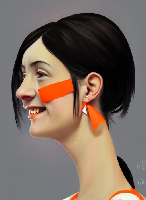 Image similar to portrait of high school girl, realistic, black hair, bangs, half updo hairstyle, pointy nose, skinny, smile, ugly, defined jawline, big chin, orange hair bow, earrings, intricate, elegant, glowing lights, highly detailed, digital painting, artstation, sharp focus, illustration, art by wlop, mars ravelo and greg rutkowski