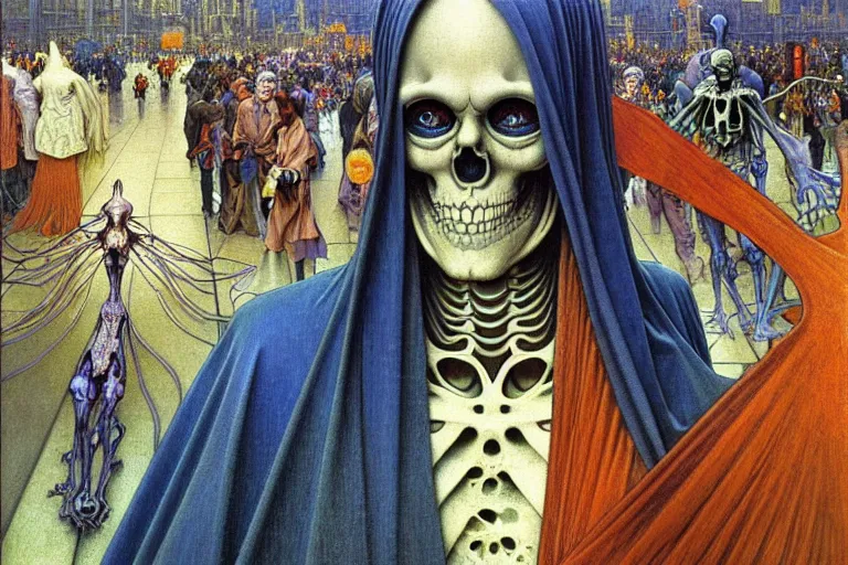 Image similar to realistic detailed closeup portrait painting of a single skeleton wearing a cape in a crowded futuristic moscow street by Jean Delville, Amano, Yves Tanguy, Alphonse Mucha, Ernst Haeckel, Edward Robert Hughes, Roger Dean, rich moody colours, blue eyes