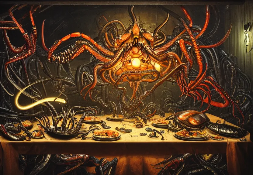 Prompt: an opulent banquet of food on a table covered with colorful glowing neon crabs and glowing neon lobsters and iridescent scarabs. lots of clouds of smoke and explosions. giger ’ s xenomorph. the thing. reclaimed lumber, detailed and intricate environment, hyperrealism, food photography, rembrandt