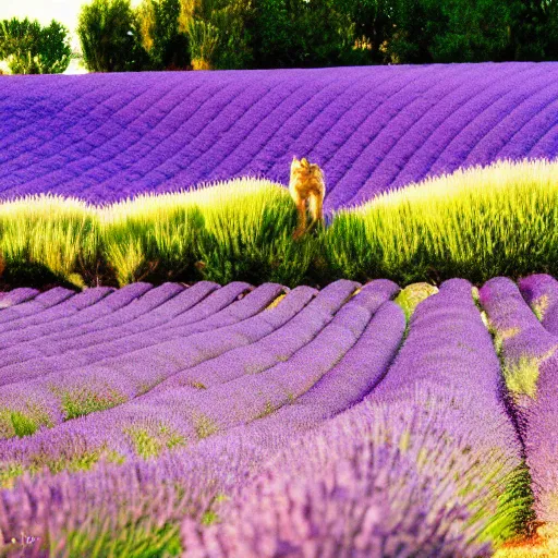 Image similar to lavender field in provence at sunset with a cat