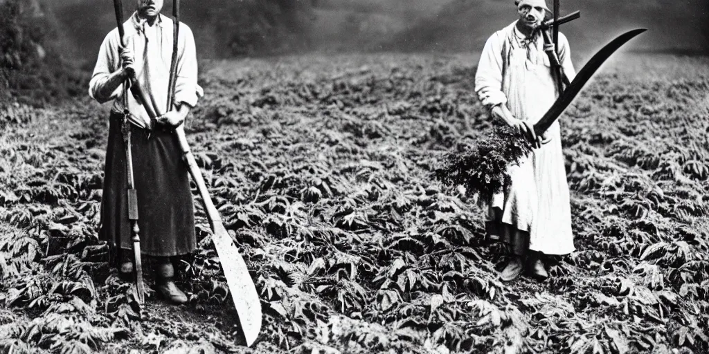 Prompt: 1 9 2 0 s spirit portrait photography of tyrolean farmer in alpine farm cloths holding a sickle, scythes, farm wagon, roots and edelweiss growing out of the body, smoke from mouth, casting a root spell, inviting hand, by william hope