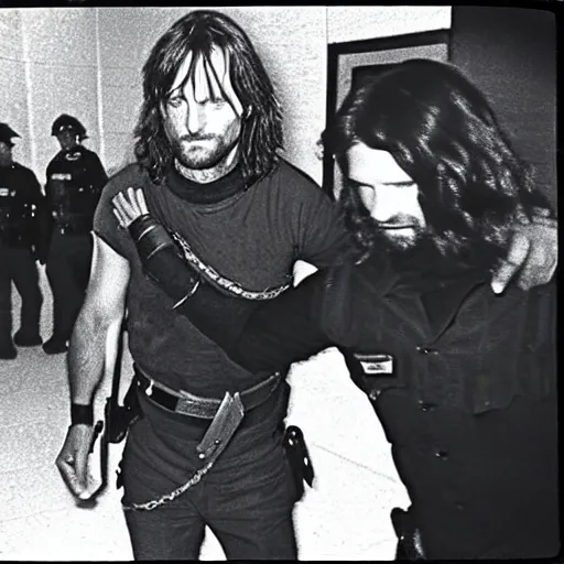 Image similar to Aragorn, from lord of the rings, gets arrested for stealing the one ring, and is taken away in handcuffs,1980s Polaroid photo-journalism flash photography, black and white