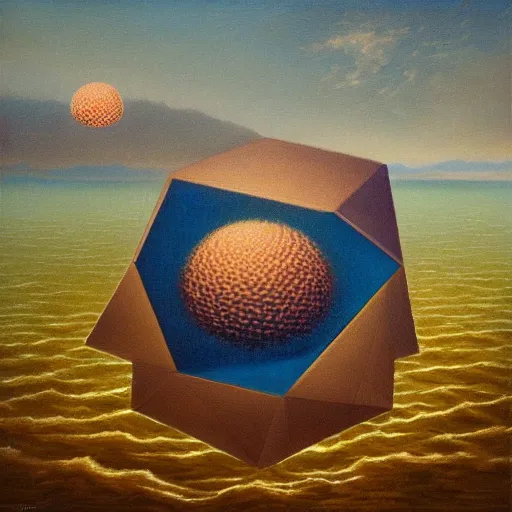 Image similar to a highly detailed oil painting of an icosahedron floating above a lake, Agostino Arrivabene