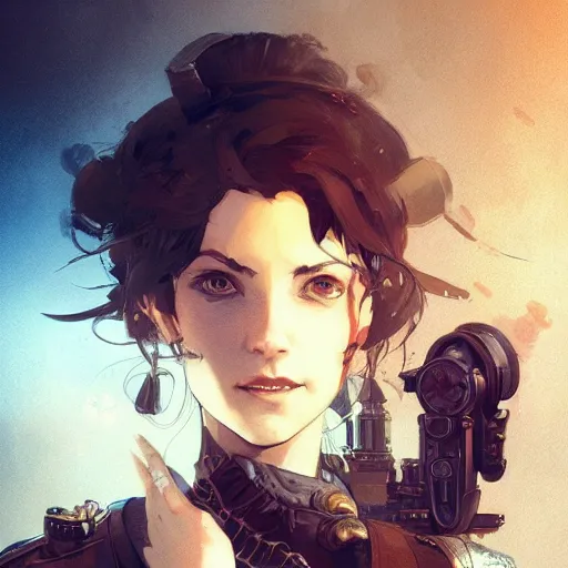 Image similar to portrait of a beautiful steampunk girl with short brown hair, men's haircut, and smiling, dramatic lighting, illustration by greg rutkowski, yoji shinkawa, 4 k, digital art, concept art, trending on artstation