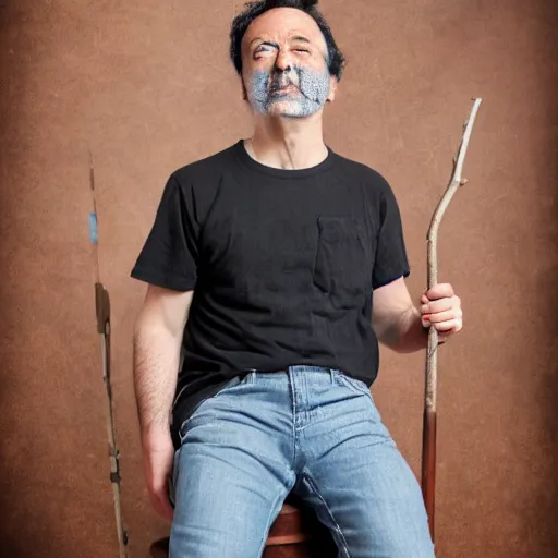 Image similar to a man with straight black hair a patch over one eye and a wooden walking stick wearing jeans and a t-shirt that reads go away, high resolution film still, 8k, HDR color