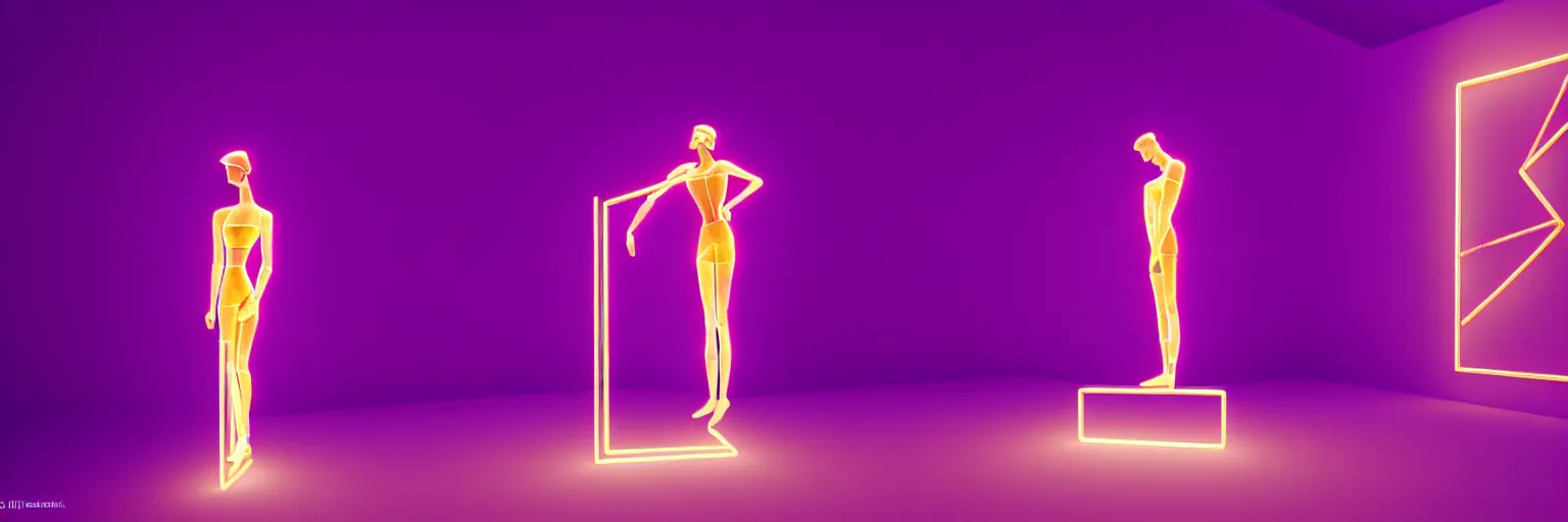 Image similar to beautiful mannequin sculpted out of amethyst by billelis + lit with geometric neon + kintsugi, facing a doorway opening with neon pink geometric light + gold geometric cubed bonsai trees, clean linework, dramatic, finely detailed, rule of thirds, moody, award winning, 4 k, trending on artstation, photorealistic, volumetric lighting, octane render