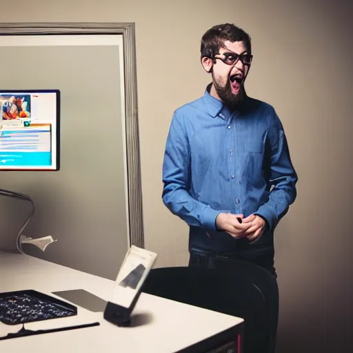 Image similar to picture of the nerd guy, looking on the computer and reacting about new twitter followers, real life, photography