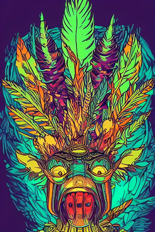 Image similar to animal mask totem roots flower tribal feather gemstone plant wood rock shaman vodoo video game vector cutout illustration vivid multicolor borderlands comics by josan gonzales and dan mumford radiating a glowing aura