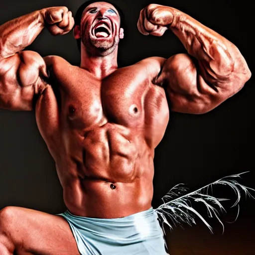 Image similar to bodybuilder man tickled by feathers, photorealistic, high detail