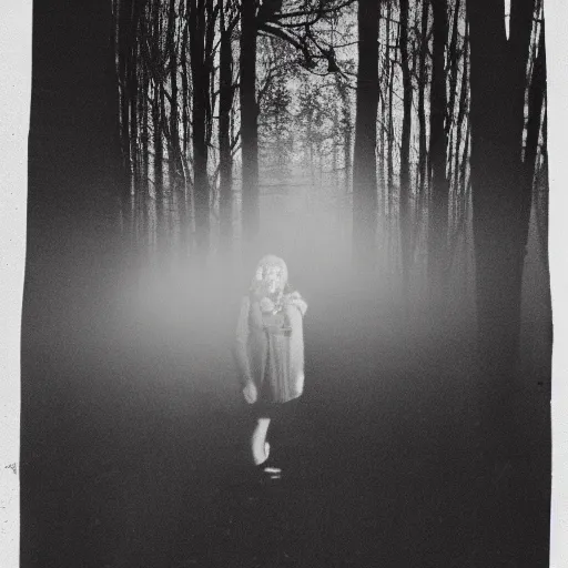 Prompt: woman smiling at the camera in the woods at night, flashlight, found footage, black and white, creepy, 8 mm, analog