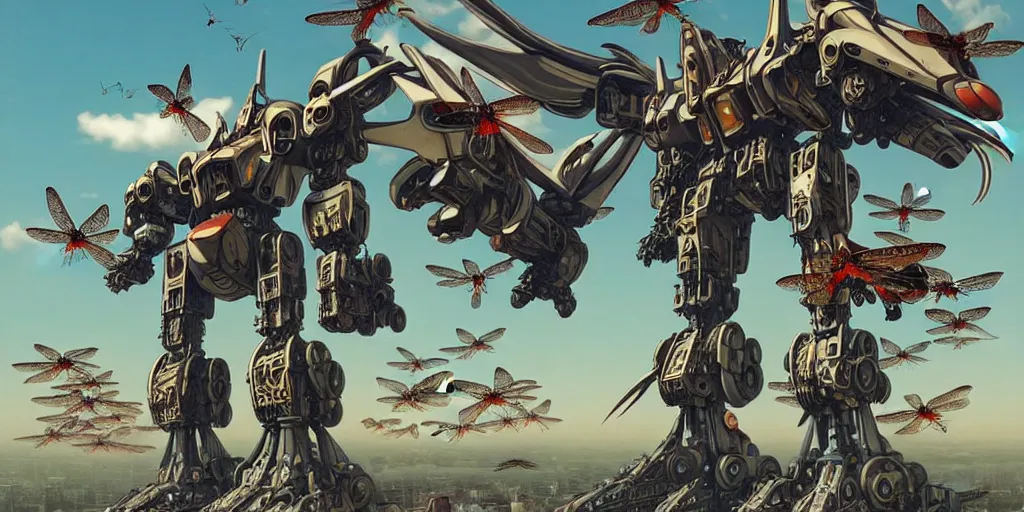 Image similar to gigantic mecha arzach birds with dragonflies, tiny rats, a lot of exotic animals around, big human faces everywhere, helicopters and tremendous birds, by satoshi kon and moebius, matte colors, surreal design, super - detailed, a lot of tiny details, fullshot