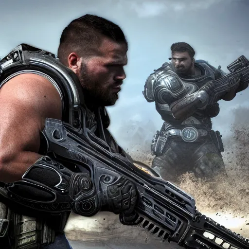 Image similar to GigaChad in Gears of War, highly detailed, high quality, HD, 4k, 8k, Canon 300mm, professional photographer, 40mp, lifelike, top-rated, award winning, realistic, sharp, no blur, edited, corrected, trending