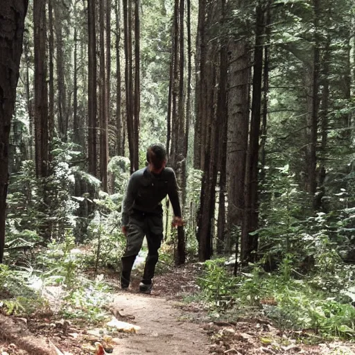 Prompt: in a forest, shia labeouf, badly hiding behind a bolder, sneaking around looking at the camrea, at lest 6 feet away