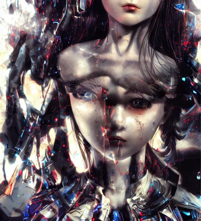 Image similar to hd 3 d rendered graphic novel video game portrait of a cute young schoolgirl complicated synaptic particles angelic deity demon future downtown in ishikawa ken miura kentaro gantz frank miller jim lee alex ross style detailed trending award winning on flickr artstation