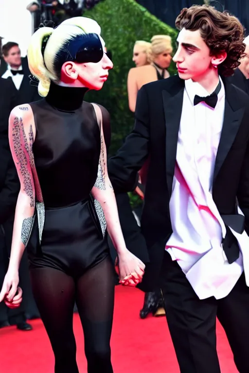 Image similar to timothee chalamet and lady gaga holding hands on the red carpet, beautiful detailed faces