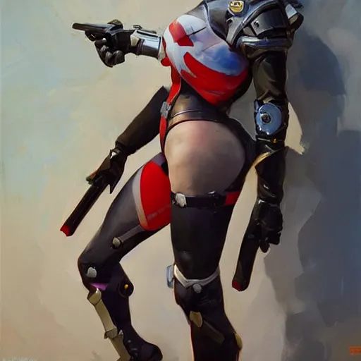 Image similar to greg manchess portrait painting of armored harley quinn as overwatch character, medium shot, asymmetrical, profile picture, organic painting, sunny day, matte painting, bold shapes, hard edges, street art, trending on artstation, by huang guangjian and gil elvgren and sachin teng