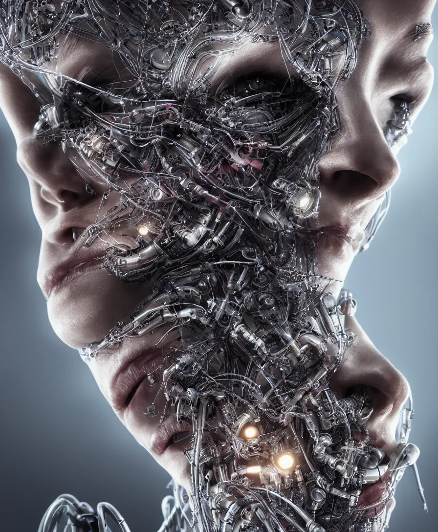 Prompt: a beautiful close up portrait of human face, with epic bionic cyborg implants, wires, tubes, biomechanical details, liquid, prismatic highlights, depth of field, cinematic, concept art, 5 0 mm, artstation, elegant, focus, octane render, vray, by h. r. giger